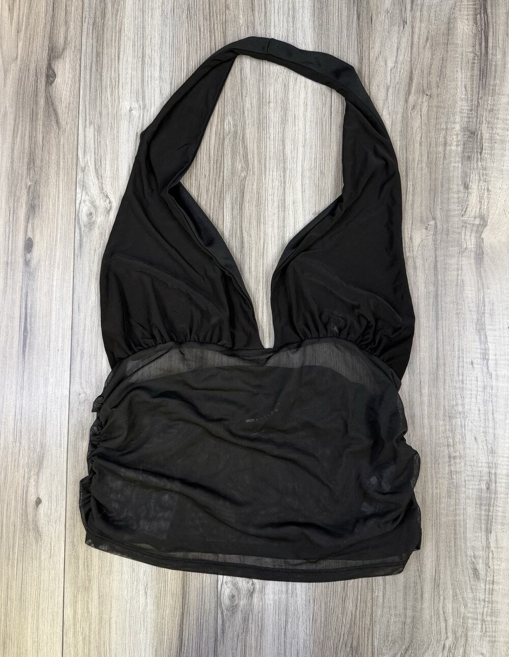 ASOS DESIGN Slinky Plunge Halter Ruched Mesh Top Black Women’s Size 6 NEW